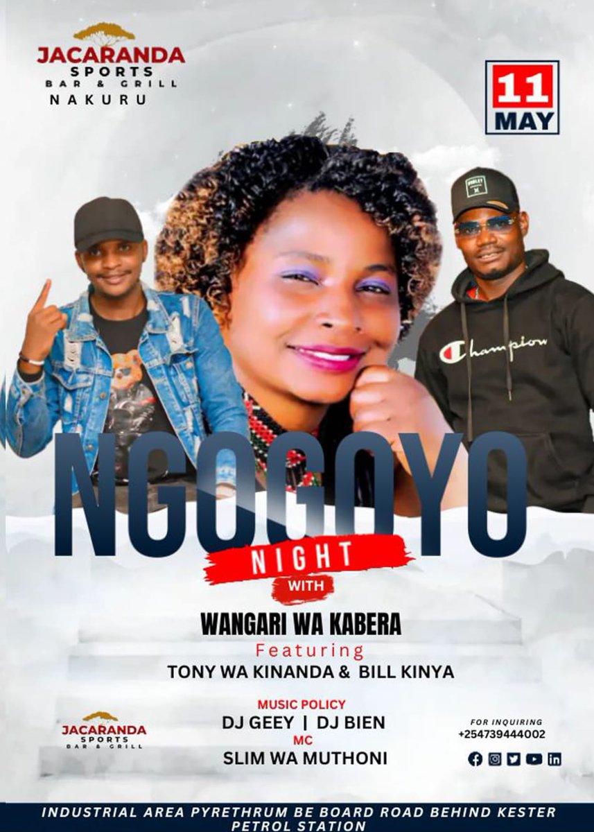 Chali yako ako na Nywele za Kifua,
Ama huyo wako ni Sufuria mpya?😂

Today the legendary Queen Wangari Wa Kabera is heading over to Jacaranda Nakuru for the ultimate NGOGOYO NIGHT, alongside the talented Tonny Kinanda and Bill Kinya. 🎤

#NgogoyoSaturday #jacarandasportsbar🔥