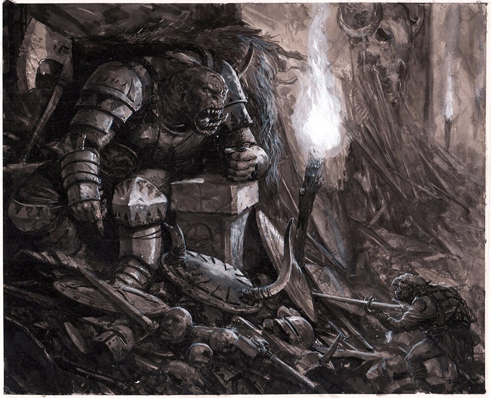 Waaagh! Grimgor, illustration by Karl Kopinski for the Orcs & Goblins, 7th ed. book. Depicting Grimgor Ironhide, the 'Green Slaughterer,' after he seized control of Karak Ungor, the Delving Hold, from Night Goblins of the Red Eye Mountain, in the wake of his invasion of Kislev.