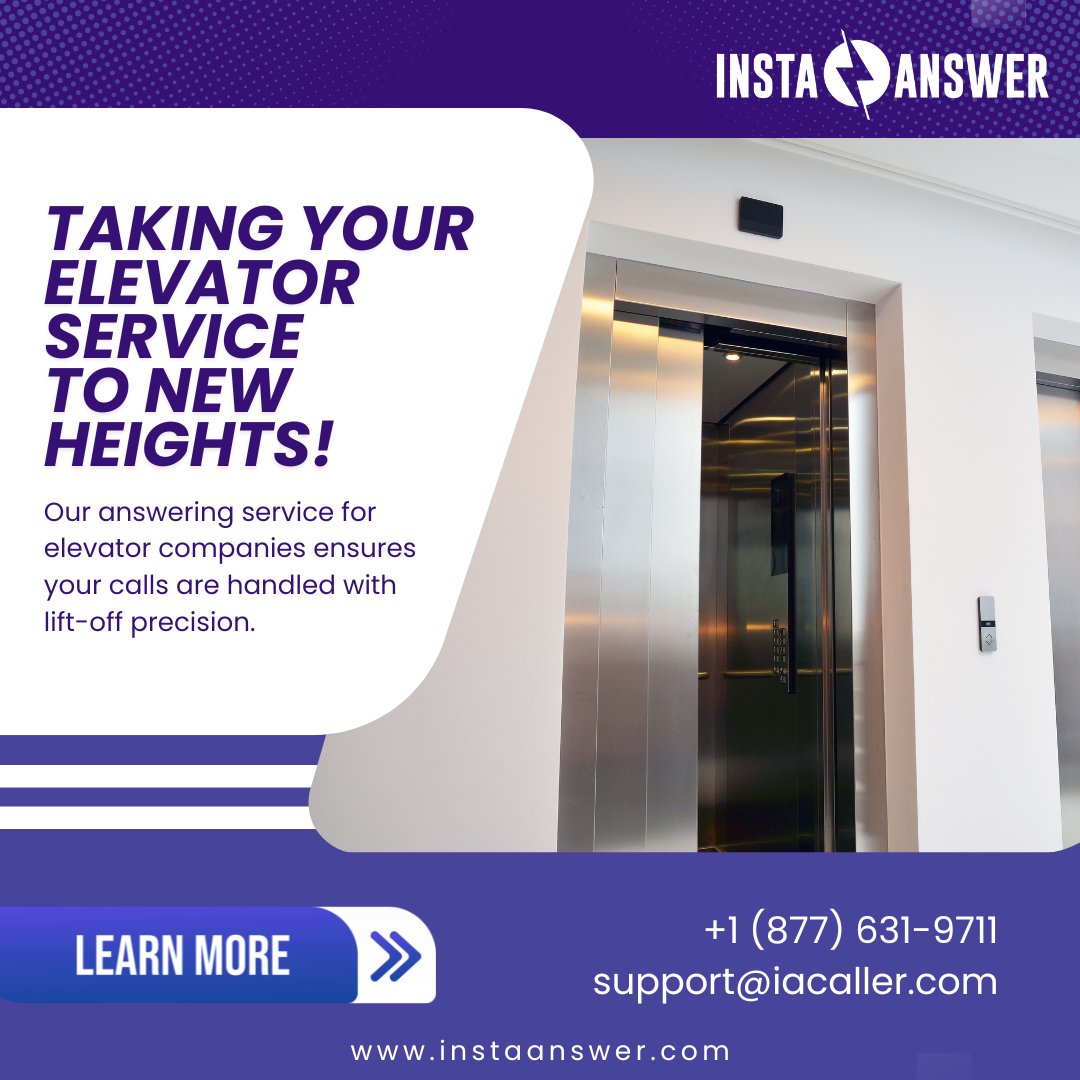 Taking your elevator service to new heights! Our answering service for elevator companies ensures every call ascends to excellence.

Dial (877) 631-9711 or email support@iacaller.com to ensure every call gets a lift!

#InstaAnswer #Elevators #CustomerService #ElevatorServices