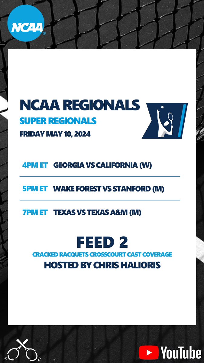 Make sure you catch these Super Regional matchups on @CrackedRacquets! Check the link below to watch ⬇️ @UGAWomensTennis vs @CalWomensTennis @WakeMTennis vs @StanfordTennis @TexasMTN vs @AggieMTEN