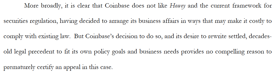 Today @SECGov filed its response to our request to file an interlocutory appeal with the 2nd Cir. The Commission couldn't help contradicting its own arguments for the same kind of appeal in Ripple. Here's just example--compare what they said before to what they say now. 1/3