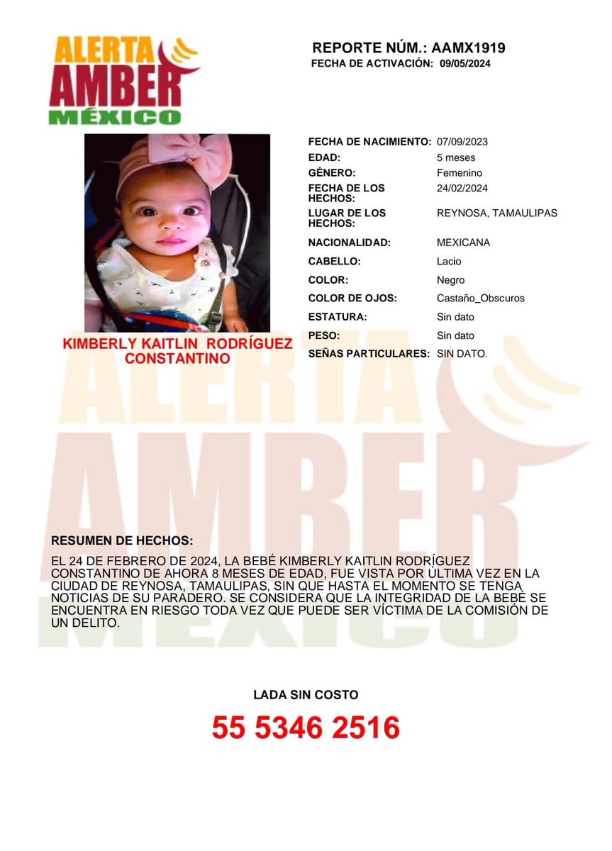 Se activa #AlertaAmberMéxico para la búsqueda y localización de KIMBERLY KAITLIN RODRÍGUEZ CONSTANTINO de 5 meses de edad