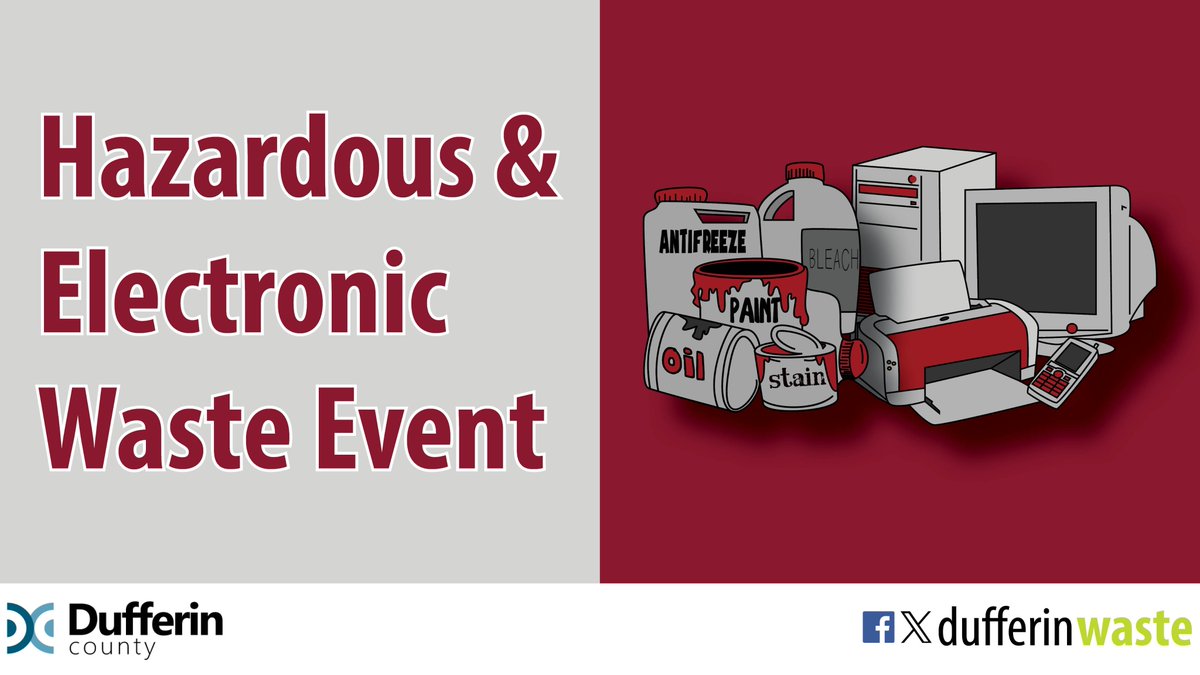 The next Household Hazardous & Electronic Waste event is coming soon!  

When: Saturday, May 25, 2024 
Where: 247090 Side Rd. 5, Mono
Time: 8am – 3pm!

More info: dufferincounty.ca/waste.