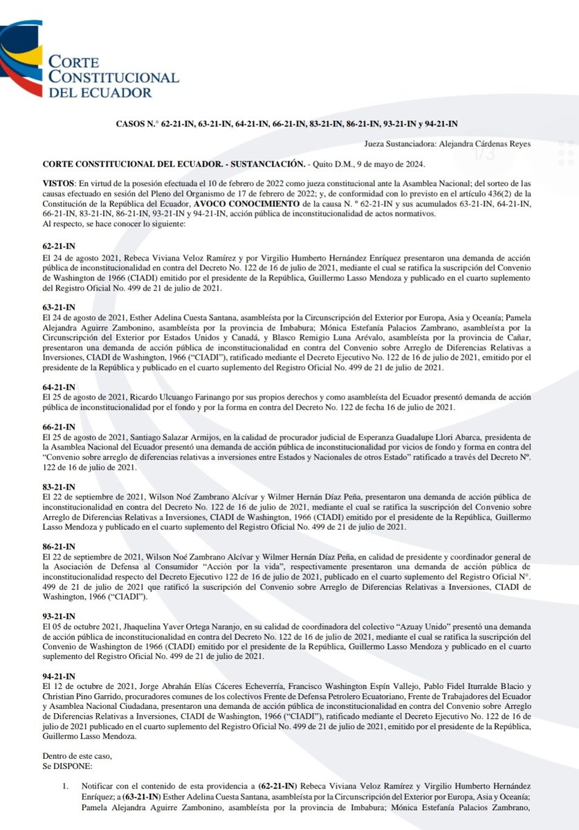 🔴⚠️¡Contra todo pronóstico! La @CorteConstEcu desempolva las Demandas de Inconstitucionalidad al CIADI que presentamos por su reingreso en 2021. No pretendan atentar contra el poder constituyente, millones de 🇪🇨le dijeron NO a los arbitrajes internacionales. @MashiRafael