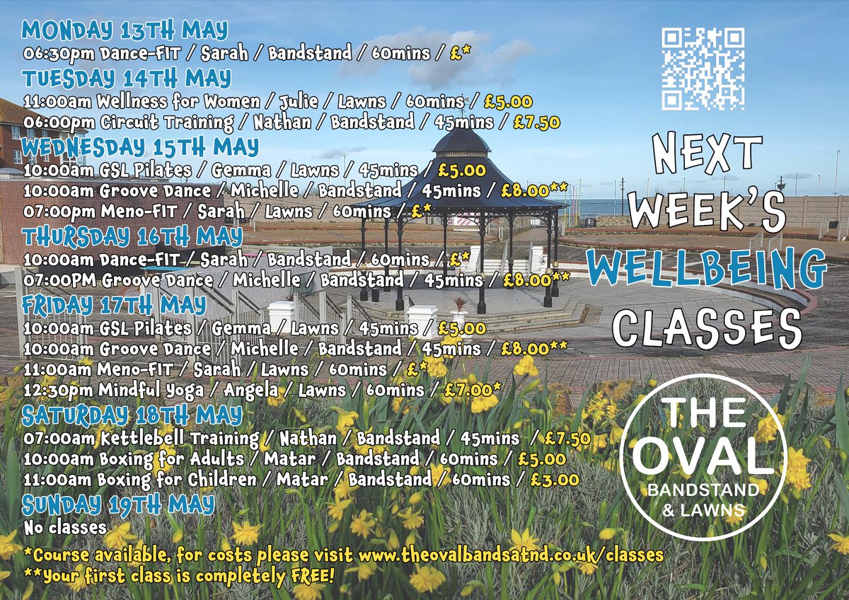 Next week’s wellbeing classes at #TheOvalBandstand. To book please visit theovalbandstand.co.uk/classes
#Margate #Cliftonville #Thanet #Ramsgate #Broadstairs #VisitThanet #Kent