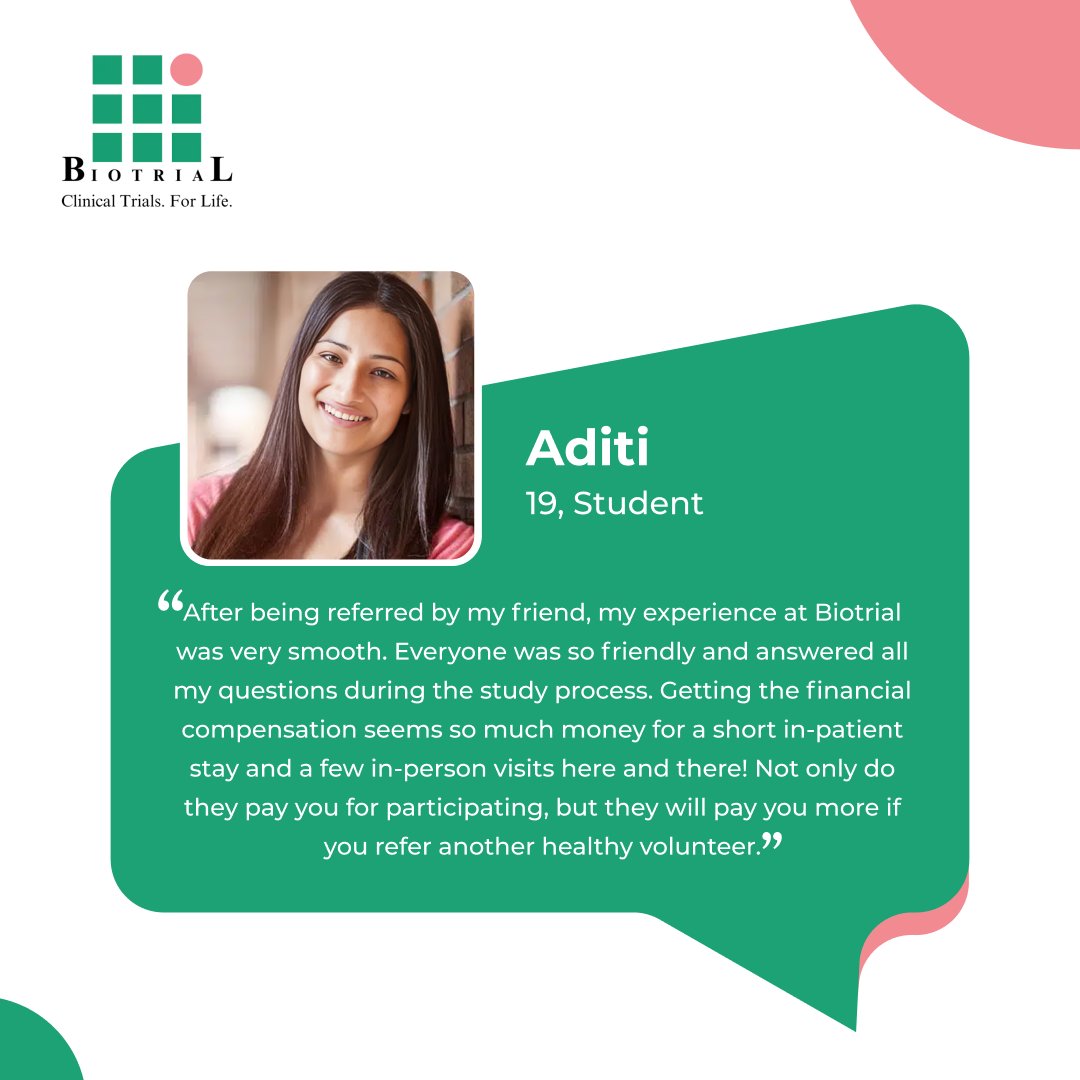 The process at Biotrial was an enriching and smooth one for Aditi, 19, a dedicated student and volunteer. 🌈💡 Ready to make a difference like Aditi? Learn more at biotrial.us.

#VolunteerSpotlight #HealthcareHeroes #PaidVolunteers #MedicalResearch
