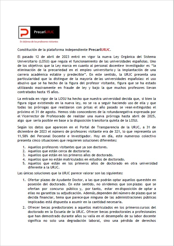 precariurjc's tweet photo. Este es el documento que recoge la situación de los profesores visitantes de la @urjc y las reivindicaciones por las que nace la plataforma independiente #precariurjc. Queremos ser escuchados y queremos ser parte de la solución https://t.co/XvbbkuFMVz