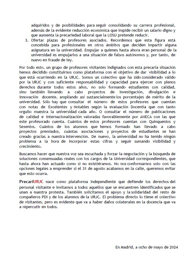 precariurjc's tweet photo. Este es el documento que recoge la situación de los profesores visitantes de la @urjc y las reivindicaciones por las que nace la plataforma independiente #precariurjc. Queremos ser escuchados y queremos ser parte de la solución https://t.co/XvbbkuFMVz