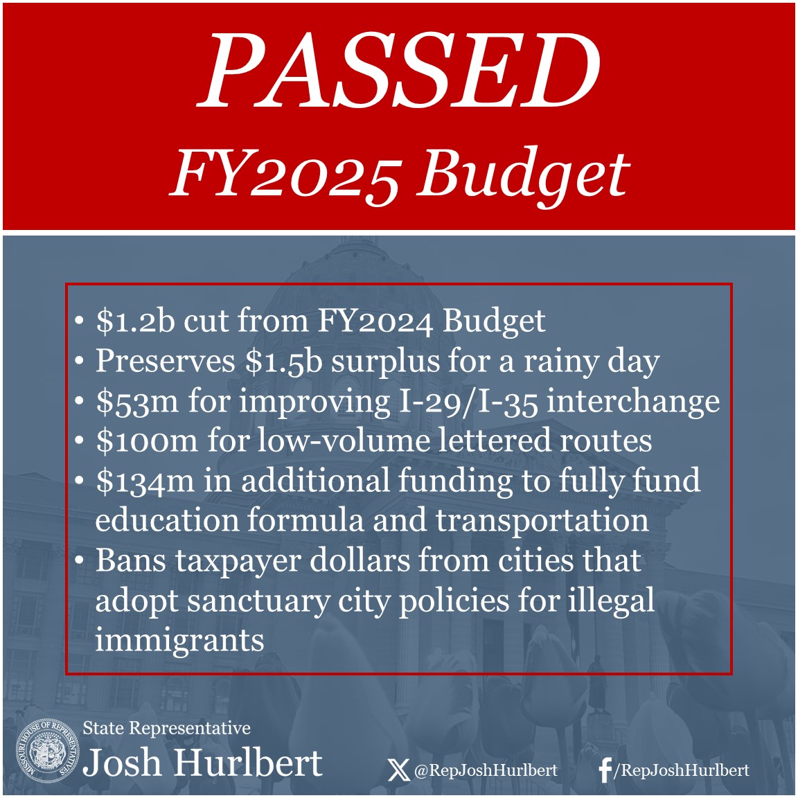 Today, we passed a fiscally responsible budget that, for the first time since I've been here, actually cuts spending from the year before. Some highlights: #moleg