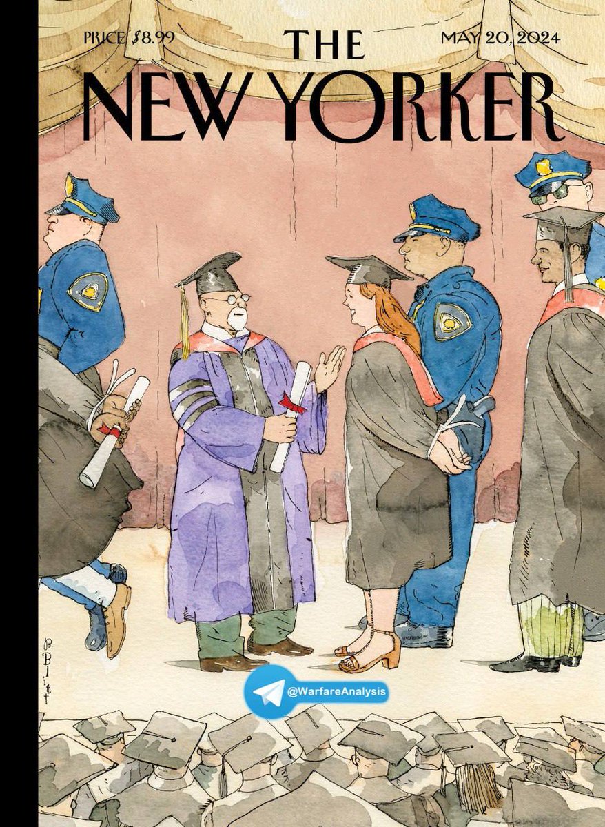 Next week's New Yorker cover “Class of 2024”.

 The cartoonist Barry Blitt depicts the graduates—and the #police who have been called in to stop the protests and dismantle.
#StudentProtests #StudentsForGaza #Occupy4Gaza #GazaSolidarityEncampment #FreePalestine