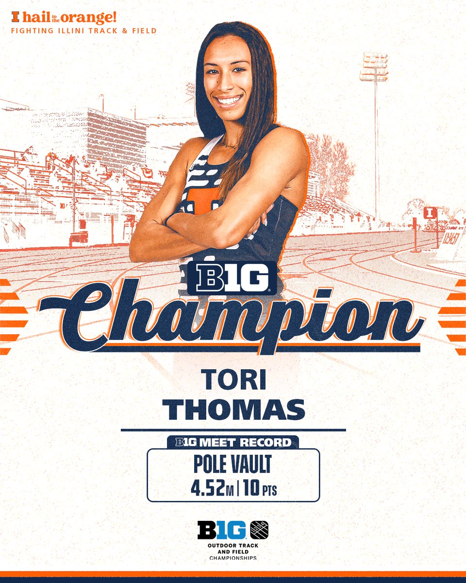 A new B1G Meet Record and B1G Champion!!

<a href="/toriana_thomas/">Tori</a> becomes the first #Illini women's B1G Champion in the pole vault since Stephanie Richartz in 2015. 

Last weekend her 4.52m broke the school record, now it's the B1G Meet Record 6 days later 🟠 🔵

#HTTO I #WhyNotILL