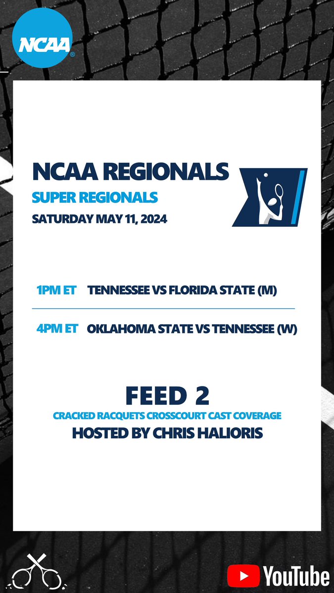 Make sure you catch these Super Regional matchups on @CrackedRacquets! Check the link below to watch ⬇️ @Vol_Tennis vs @FSU_MTennis @CowgirlTennis vs @Vol_WTennis
