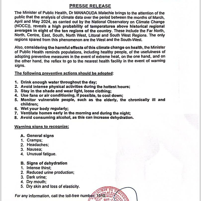 MercyKusi2's tweet photo. #ClimateEmergency Cameroon's Minister of Public Health Sounds A Red Alert As Heatwaves rise.

Eight of Cameroon's 10 regions are reportedly experiencing record temperatures,and the Health Minister says this makes the population of these areas prone to certain health challenges. https://t.co/4B61HhDVCz