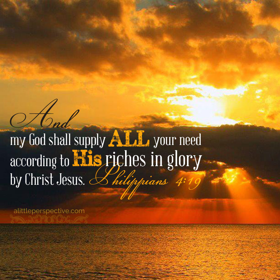 And my God shall supply all your need according to His riches in glory by Christ Jesus. - Philippians 4:19 (NKJV)