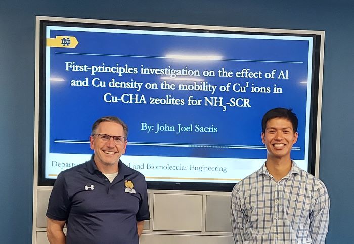 Congratulations to our Sr. undergrad student, John Sacris, on his successful defense of his thesis titled: “First Principles Investigation on the effect of Al and Cu Density on Copper ion mobility in Cu-CHA”! His faculty advisor is Prof. Schneider.