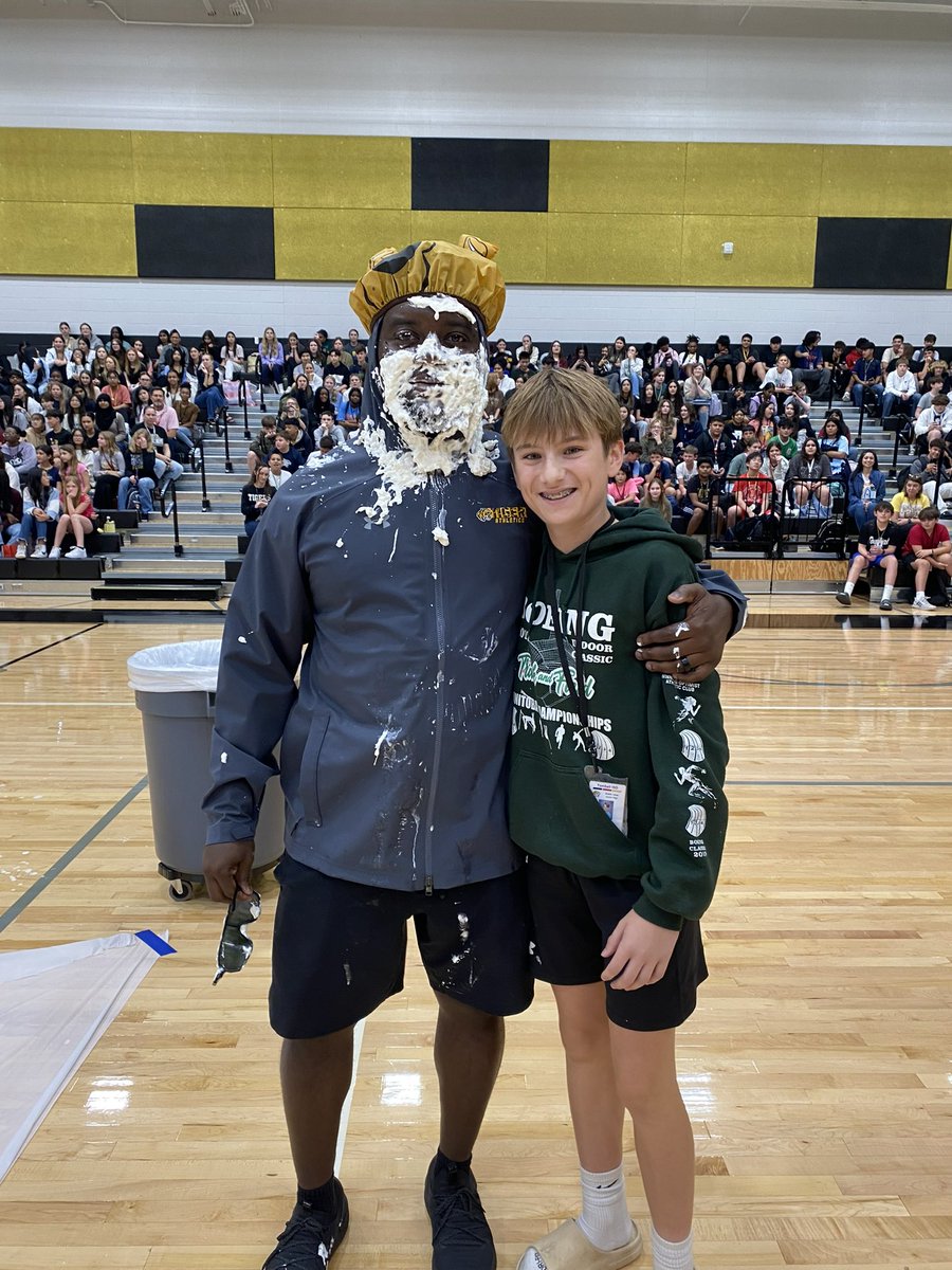 Great fun at our last pep rally of the year. I got “pied” by one of my athletes for a good cause. Great job by our @grandlakespto!! @GLJH_Athletics @ms_renee_kelley @CoachMVandy @KimMc0920 @CoachClarkGLJH