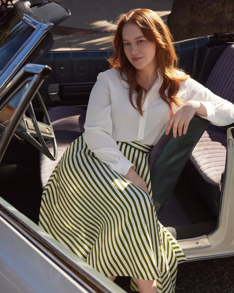 Elevate your style with the Pinstriped Silk Midi Skirt - a luxurious creation in pinstripe patterned silk. 🔎Basic Crêpe de Chine Shirt 🔎Silk Striped Midi Skirt #lilysilk #Livespectacularly #LILYSILKSS24 #StateofWonder