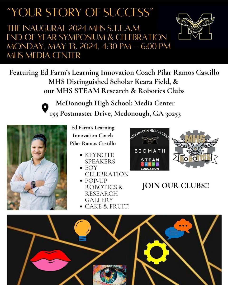 MHS BioMath/STEAM Research Club (@mhsbiomathclub) on Twitter photo All set up for Monday!!
SAVE THE DATE!!!!
“Your Story of Success”
The Inaugural 2024 MHS S.T.E.A.M
End of Year Symposium & Celebration
Monday, May 13, 2024, 4:30 pm - 6:00 pm
MHS Media Center:
Keynote Speakers, STEAM gallery, celebrations & more!
<a href="/ElijahDrummond_/">Elijah Drummond</a> All set up for Monday!!
SAVE THE DATE!!!!
“Your Story of Success”
The Inaugural 2024 MHS S.T.E.A.M
End of Year Symposium & Celebration
Monday, May 13, 2024, 4:30 pm - 6:00 pm
MHS Media Center:
Keynote Speakers, STEAM gallery, celebrations & more!
<a href="/ElijahDrummond_/">Elijah Drummond</a>