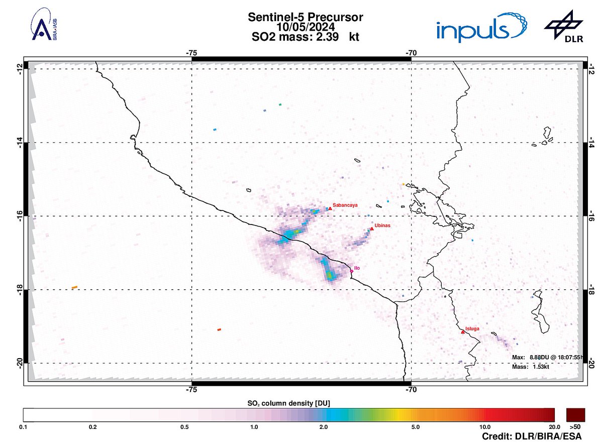 On 2024-05-10 #TROPOMI has detected an enhanced SO2 signal of 3.51DU at a distance of 105.5km to #Sabancaya. Other nearby sources: #Ubinas. #DLR_inpuls @tropomi #S5p #Sentinel5p @DLR_en @BIRA_IASB @ESA_EO #SO2LH