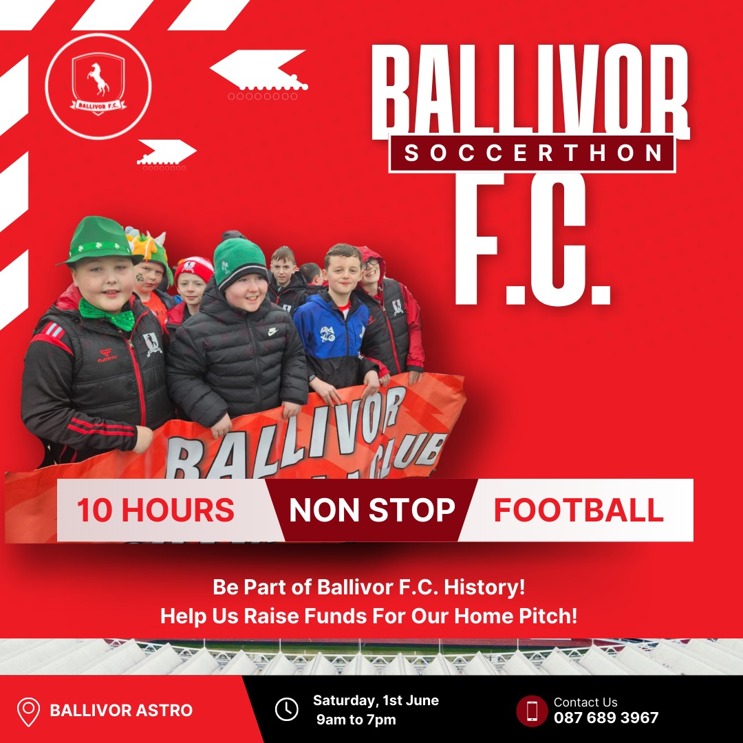 📢 Save the date! ⚽️ On June 1st, Ballivor F.C. is launching an exciting initiative: a 10-hour Soccerthon to raise funds for our much-needed home pitch! 🏟️💫 
Support your local club here 👉 idonate.ie/fundraiser/bal…

#BallivorFC #SupportOurClub #Community