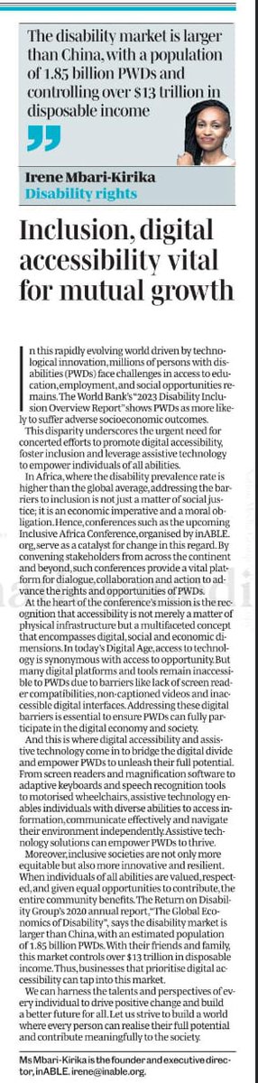 It’s crucial to ensure digital platforms and tools are accessible to people with disabilities. Read my article today on the @NationAfrica: nation.africa/kenya/blogs-op… @inABLEorg #InclusiveAfrica2024