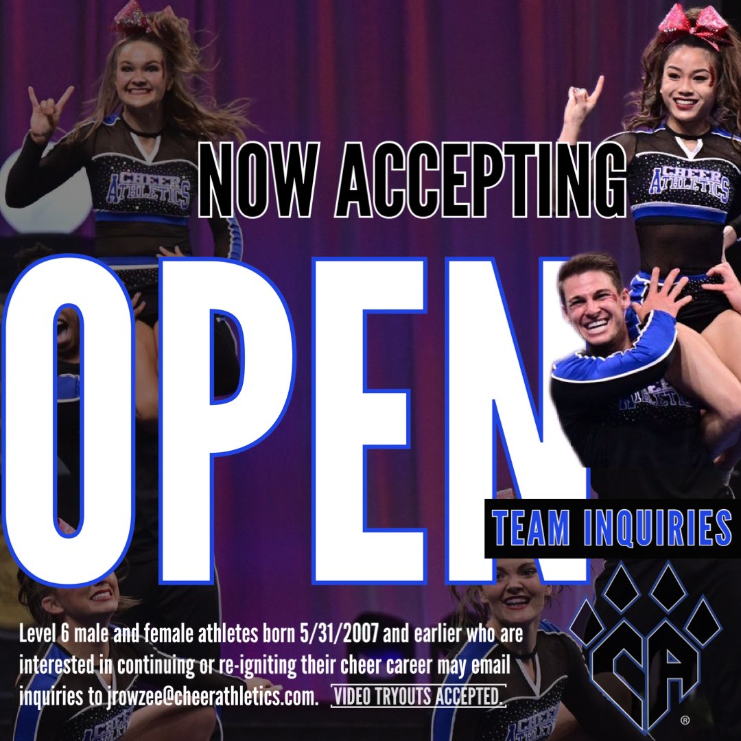 We are now accepting inquiries for OPEN team(s). If you are a Level 6 male or female athlete born 5/31/2007 and earlier and have an interest in continuing or re-igniting your cheer career, send an inquiry to jrowzee@cheerathetics.com. Video tryouts accepted. #YouBelongHere