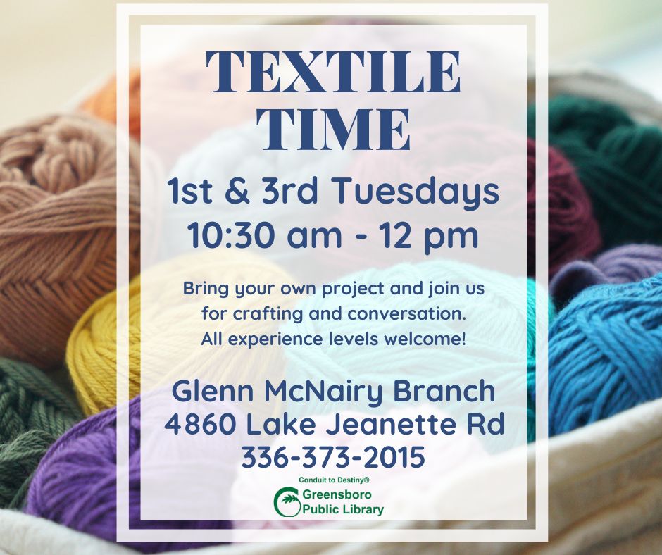 Join us at the Glenn McNairy Branch for crafting, community, and conversation - all experience levels welcome! Bring your own supplies and whatever project you're working on, whether it be knitting, crochet, quilting, sewing, or other fiber crafts.
