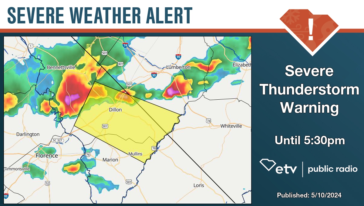 Severe Thunderstorm Warning for Dillon and Marion County until 5:30pm. Details at bit.ly/427ZNyo #SCWX