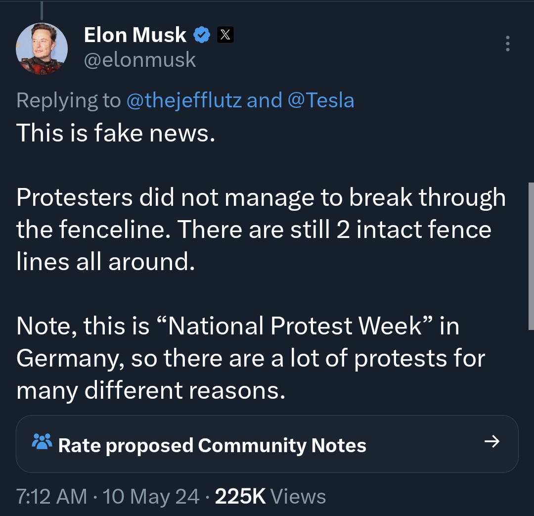 Great attempt at a community note. Tweet says they *reached* the fence, and Elon says they didn't *break through* the fence.