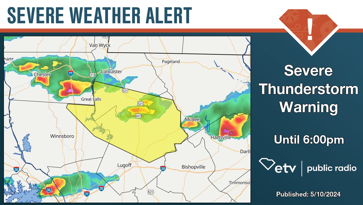 Severe Thunderstorm Warning for Fairfield, Kershaw, and Lancaster County until 6:00pm. Details at bit.ly/427ZNyo #SCWX