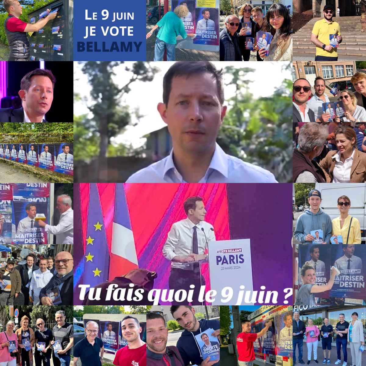 Seuls ou en groupes , les @lesRepublicains tractent , boitent , collent des affiches sans discontinuer pour @fxbellamy ! Nous sommes déterminés à ne rien lâcher jusqu’au 9 Juin ! Nous avons le meilleur candidat et nous en sommes conscients . #Européennes2024 #AvecBellamy