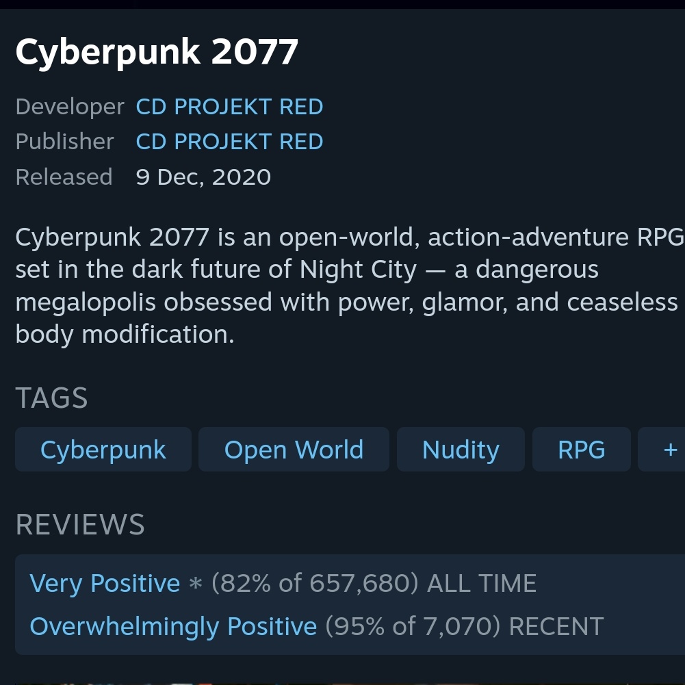 AmySongX's tweet photo. Cyberpunk 2077 se torna um dos games mais bem avaliados recentemente na Steam com 95% de aprovação e a CD Project Red agradece ✨

Fico impressionada como esse game lançou sendo totalmente hateado e agora é totalmente amado 💖 https://t.co/6aINMeaN7g