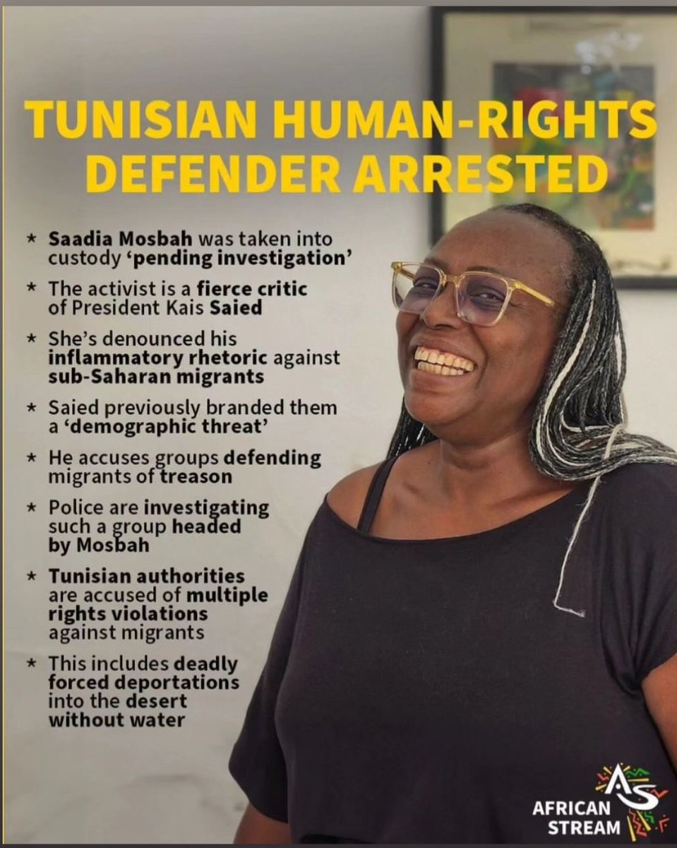 Saadia Mosbah, militante des droits humains tunisienne, a été arrêtée le 07/05. Dans un contexte de montée des politiques xénophobies et des discours racistes, cette grande voix de l’antiracisme en Tunisie paye sans doute le prix de ses engagements. Relayez le #FreeSaadia