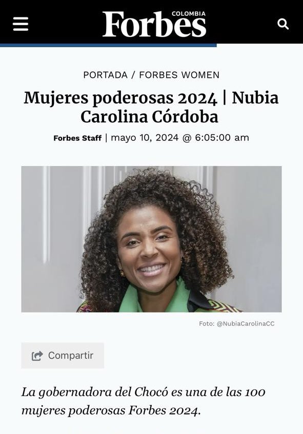 Hace solo 80 años la mujer chocoana no tenía garantizado ni siquiera el acceso a la educación. Hoy, la revista Forbes nos incluye entre las 100 mujeres más poderosas del país. 
Me siento honrada en medio de tantas historias de valentía. Se que represento a miles de mujeres cuyo…