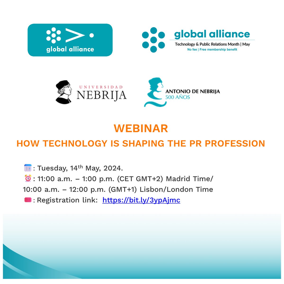 Don't miss out our webinar “How Technology is Shaping the PR Profession” on Tuesday, May 14th, 2024! Join us from 11:00 a.m. – 1:00 p.m. (CET GMT+2) Madrid Time / 10:00 a.m. – 12:00 p.m. (GMT+1) Lisbon Time! Click the link to register : bit.ly/3ypAjmc