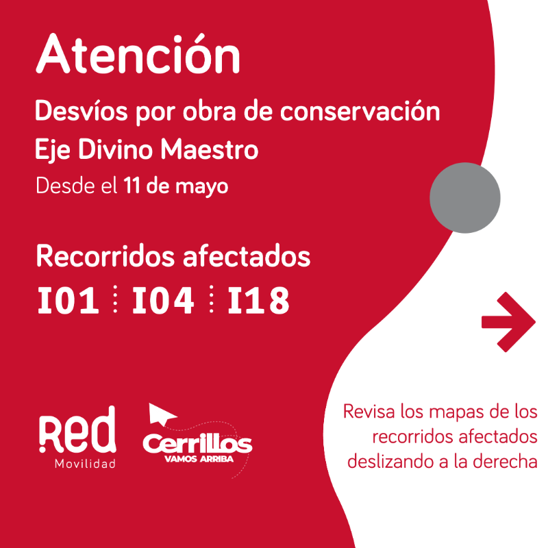 Red_Movilidad's tweet photo. ⚠️ATENCIÓN⚠️ 
Planifica tu viaje por #desvíos que iniciaron en @MuniCerrillos por obras en #DivinoMaestro, entre Presidente Salvador Allende y Caletera A. Vespucio.

🚍i01 - i04 - i18.

✅Desliza las imágenes o dale clic y conoce las paradas suspendidas y sus alternativas 👇