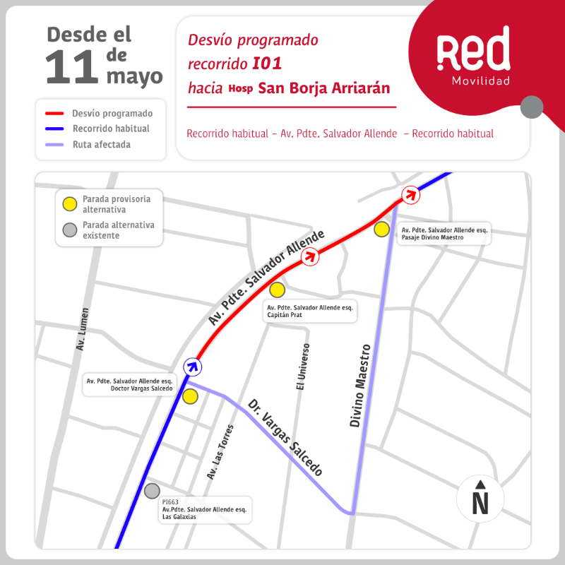 Red_Movilidad's tweet photo. ⚠️ATENCIÓN⚠️ 
Planifica tu viaje por #desvíos que iniciaron en @MuniCerrillos por obras en #DivinoMaestro, entre Presidente Salvador Allende y Caletera A. Vespucio.

🚍i01 - i04 - i18.

✅Desliza las imágenes o dale clic y conoce las paradas suspendidas y sus alternativas 👇