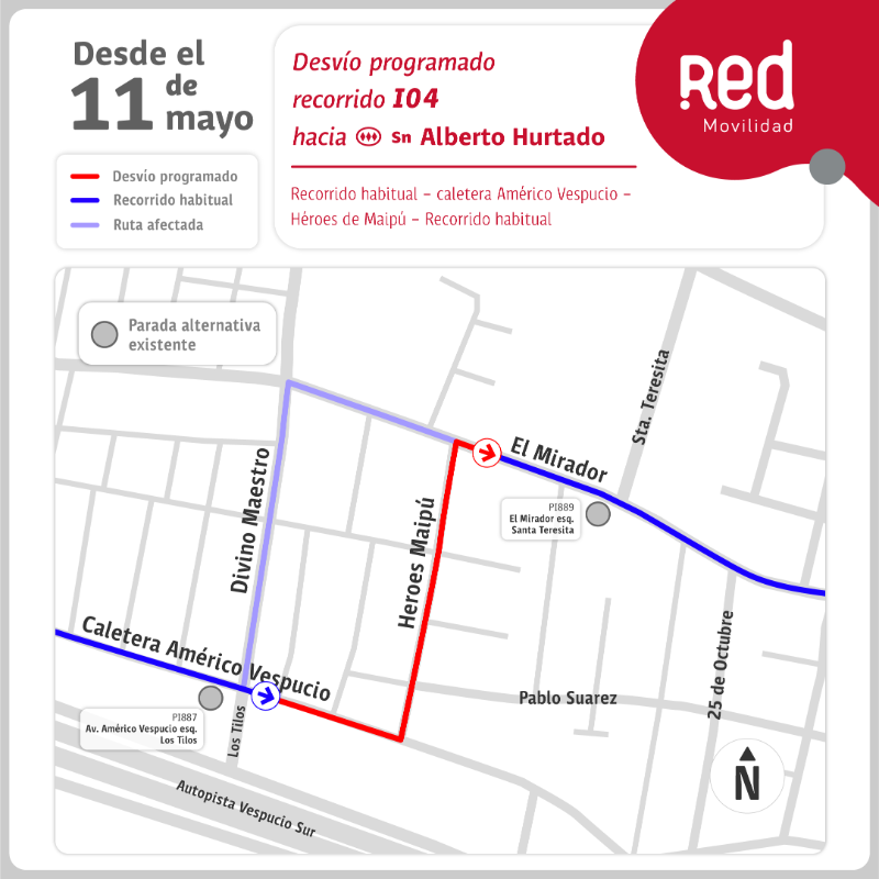 Red_Movilidad's tweet photo. ⚠️ATENCIÓN⚠️ 
Planifica tu viaje por #desvíos que iniciaron en @MuniCerrillos por obras en #DivinoMaestro, entre Presidente Salvador Allende y Caletera A. Vespucio.

🚍i01 - i04 - i18.

✅Desliza las imágenes o dale clic y conoce las paradas suspendidas y sus alternativas 👇