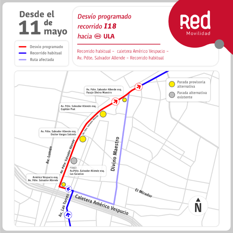 Red_Movilidad's tweet photo. ⚠️ATENCIÓN⚠️ 
Planifica tu viaje por #desvíos que iniciaron en @MuniCerrillos por obras en #DivinoMaestro, entre Presidente Salvador Allende y Caletera A. Vespucio.

🚍i01 - i04 - i18.

✅Desliza las imágenes o dale clic y conoce las paradas suspendidas y sus alternativas 👇