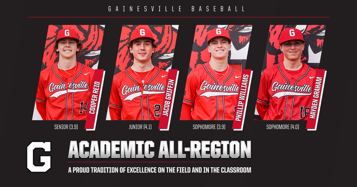 CONGRATULATIONS to these Red Elephant STUDENT-Athletes!!! Academic All Region - Cooper Reid, Jacob Griffin, Philip Williams, & Hayden Graham! @goredelephants #TOGETHER #GBR #GoBigRed #AProudTradition #TraditionLivesOn #GoBigRed #Gainesville #GainesvilleHSBaseball