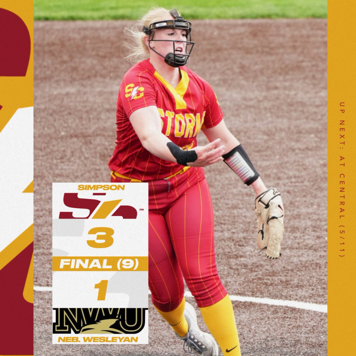 An instant classic goes the way of the Storm! Simpson holds off Nebraska Wesleyan by a score of 3-1 after nine innings to advance to the American Rivers Conference Tournament Semifinals! Simpson will face off with Central tomorrow at 12:30 p.m. #rollriversSB