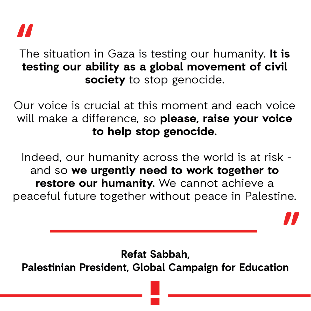 “The situation in Gaza is testing our humanity.' - Dr @RefatSabbah, president of the @globaleducation. We join activists at the @UN CSO Conference tocall for action to end the violence & ensure the protection of civilians in #Gaza. Read more: bit.ly/3yfgIW0