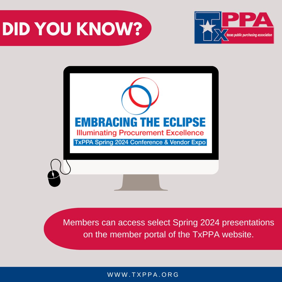 Did You Know? 

Members have access to select Spring 2024 presentations on the member portal of the TxPPA website. Become a member today to utilize these virtual resources and propel your purchasing skills! 

#TxPPA #DidYouKnow #JoinUs #PublicPurchasing