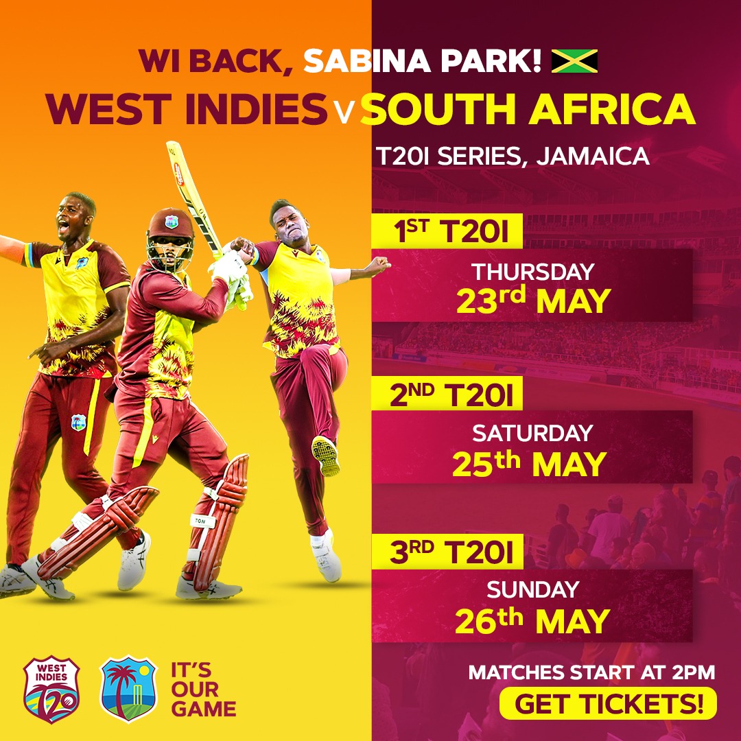 Jamaica, WI are back!🇯🇲 Get ready for 3 action-packed T20Is in Jamrock!🔥 Tickets available on bit.ly/windiesticket #WIvSA #MenInMaroon