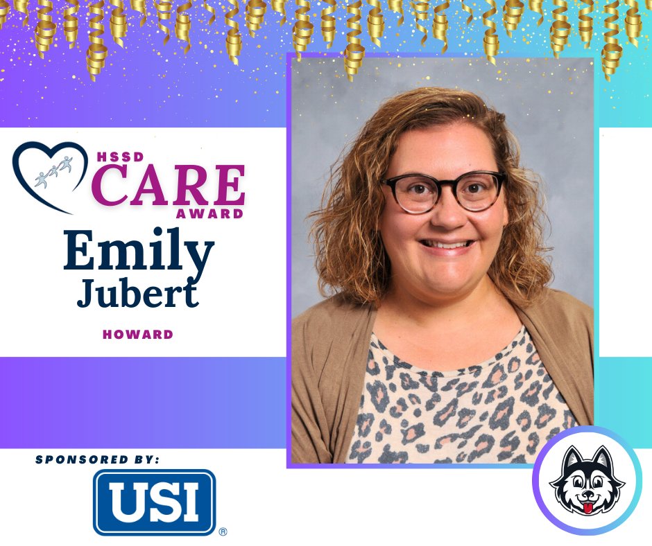 Emily Jubert, Dean of Students, is the recipient of the HSSD CARE Award at Howard Elementary School! ⭐ Thank you for making a positive difference, Emily. We are grateful to USI for sponsoring this award. 💗 @howard_huskies @usiins