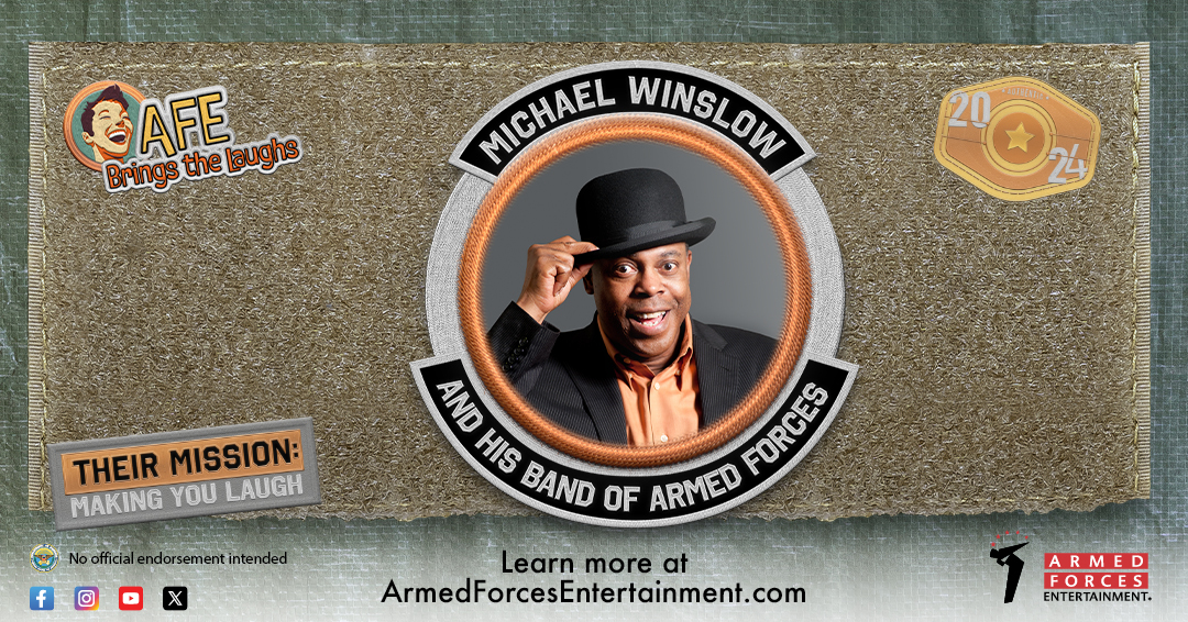 ATTENTION! Prepare for incoming laughter with Michael Winslow and his Band of Armed Forces! Join the mission to have your funny bone tickled! Check out the AFE website for more information: armedforcesentertainment.com/upcoming-tours…