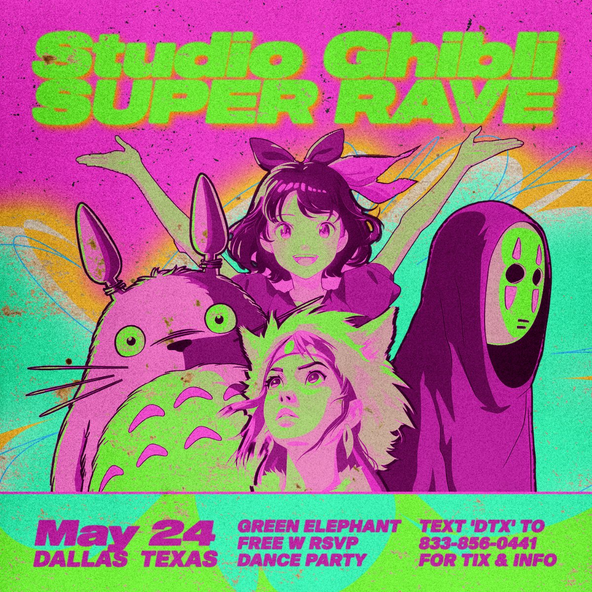 Been wanting to do this one for a while, and we know you guys have a Totoro onesie lying around, so...💖 05.24 // Sutdio Ghibli RAVE // Green Elephant - Dallas RSVP by Texting 'DTX' to 833-856-0441.
