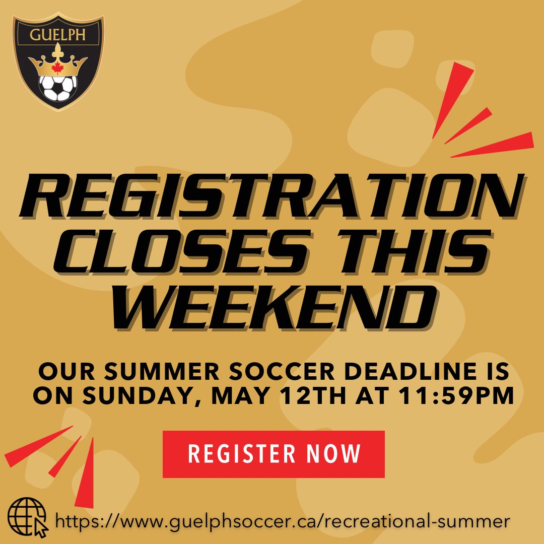 LAST WEEKEND TO REGISTER!📢

Registration for summer soccer is coming to a close. Register by Sunday, May 12th at 11:59 pm to secure your spot in our programs!

#guelphsoccer #summersoccer