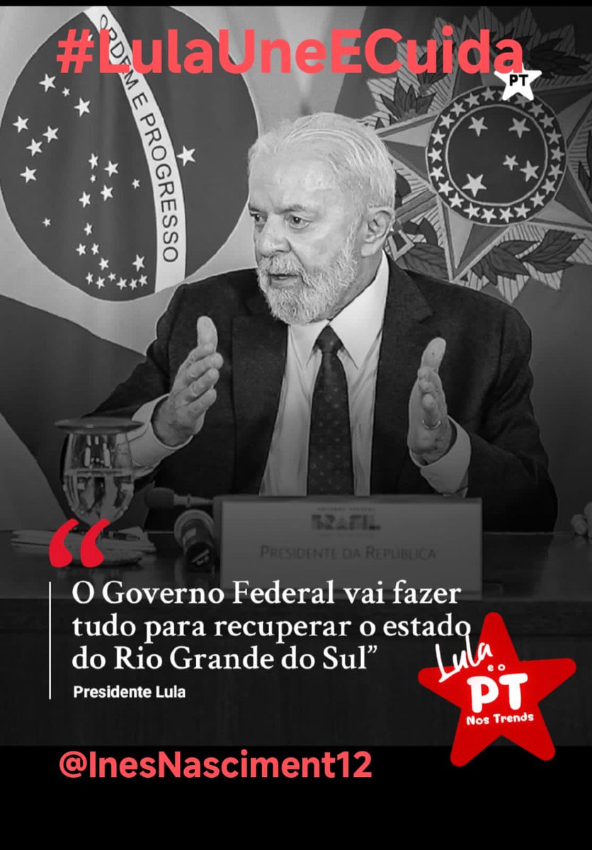 'Sou muito grato aos voluntários que estão ajudando o Rio Grande do Sul. Muito grato as forças armadas e os governos locais trabalhando junto com o Governo Federal.' LULA TRABALHA #LulaUneECuida