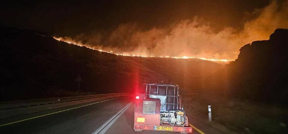 A massive fire continues in northern Israel as a result of 20 Hezbollah rocket attacks